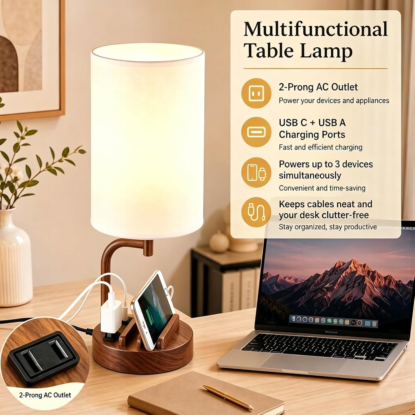 Dreamholder Touch Control USB Table Lamp with USB C/A & AC Outlet, 3-Way Dimmable Bedside Lamp, Modern Nightstand Lamps for Bedroom Living Room Guest Room Office, Bulb Included, Gold