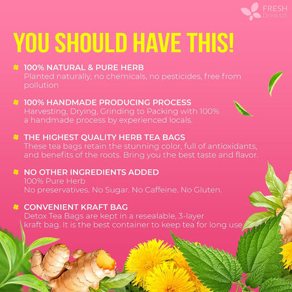 FreshDrinkUS, Premium 135 Bags Herbal Detox Tea, Strong and Great Blend with Dandelion, Ginseng, and Ginger - Digestive Health - Vegan, All Natural, Laxative-Free