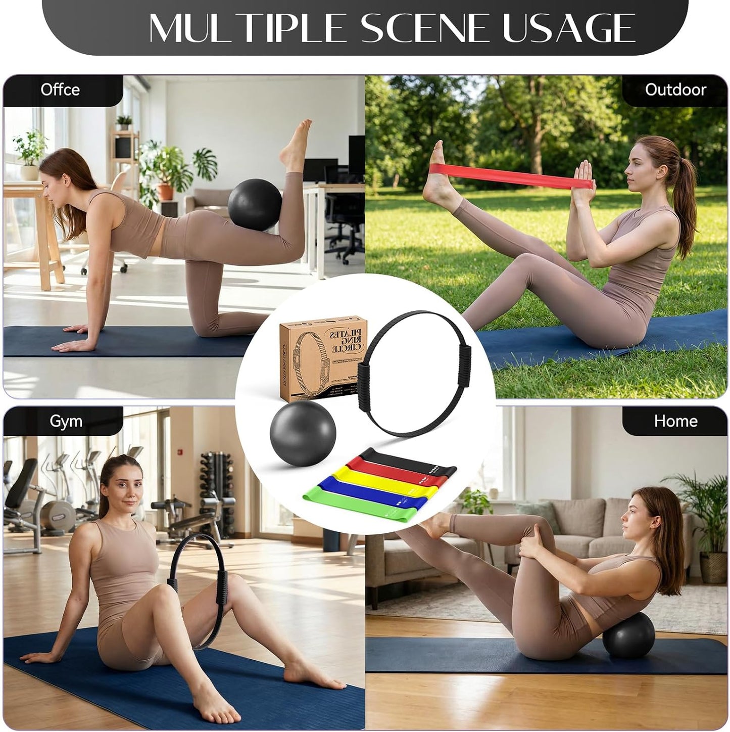 Pilates Kit, 13.5" Pilates Ring with Mini Ball & Resistance Bands