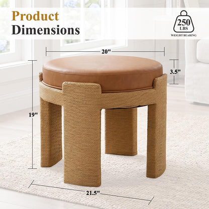 Round Foot Stool Ottoman Set of 2, Boho Hand-Woven Rope Upholstered Accent Footrest Vanity Stool Fully Assembled for Bedroom Living Room, Beige Linen