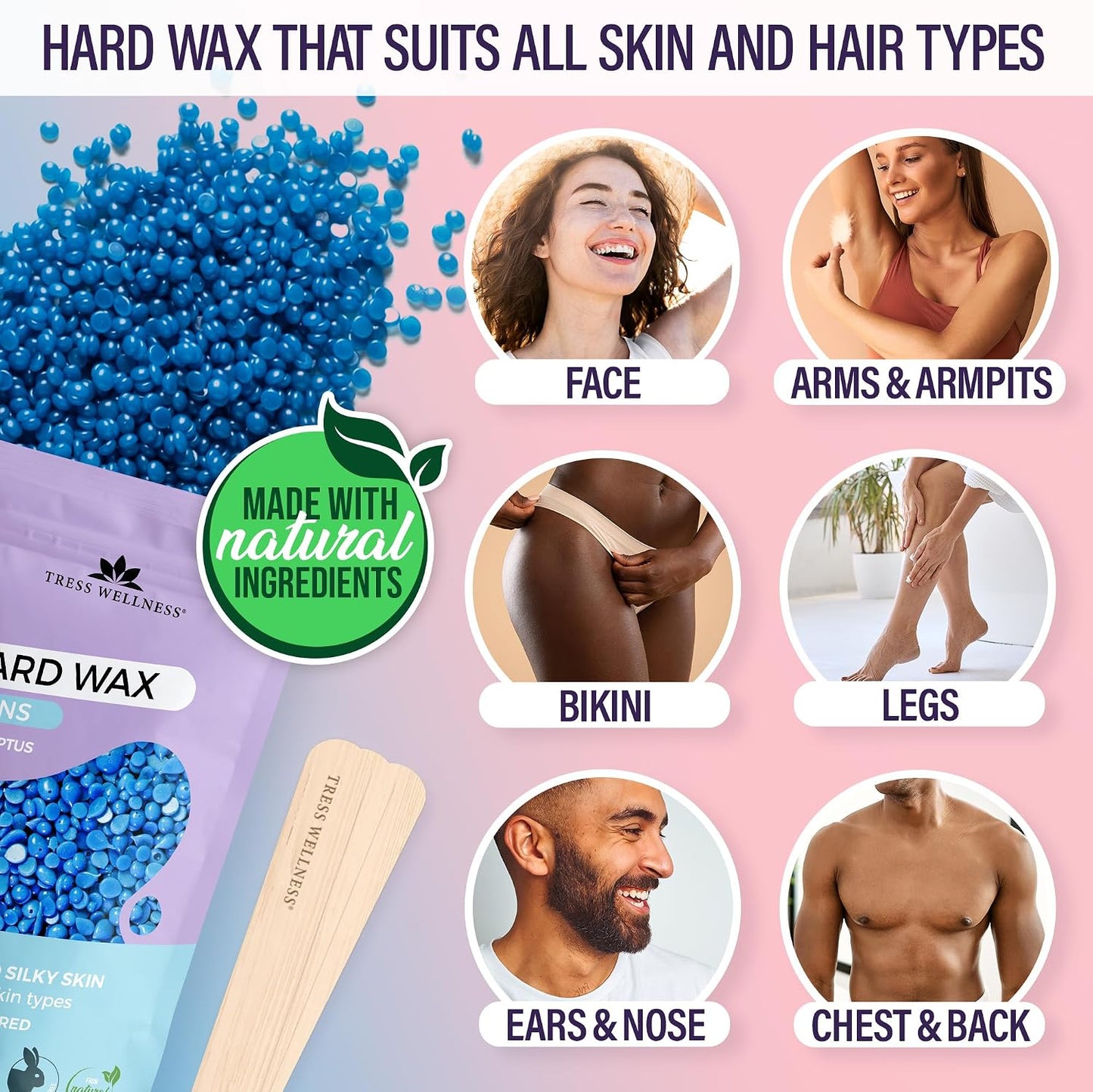Tress Wellness Award Winning Waxing Kit for Sensitive Skin, Safe for Face & Skin, Easy to Use, At-Home Kit for Face, Bikini, Brazilian & Full Body - Digital Display, Black Purple Flower