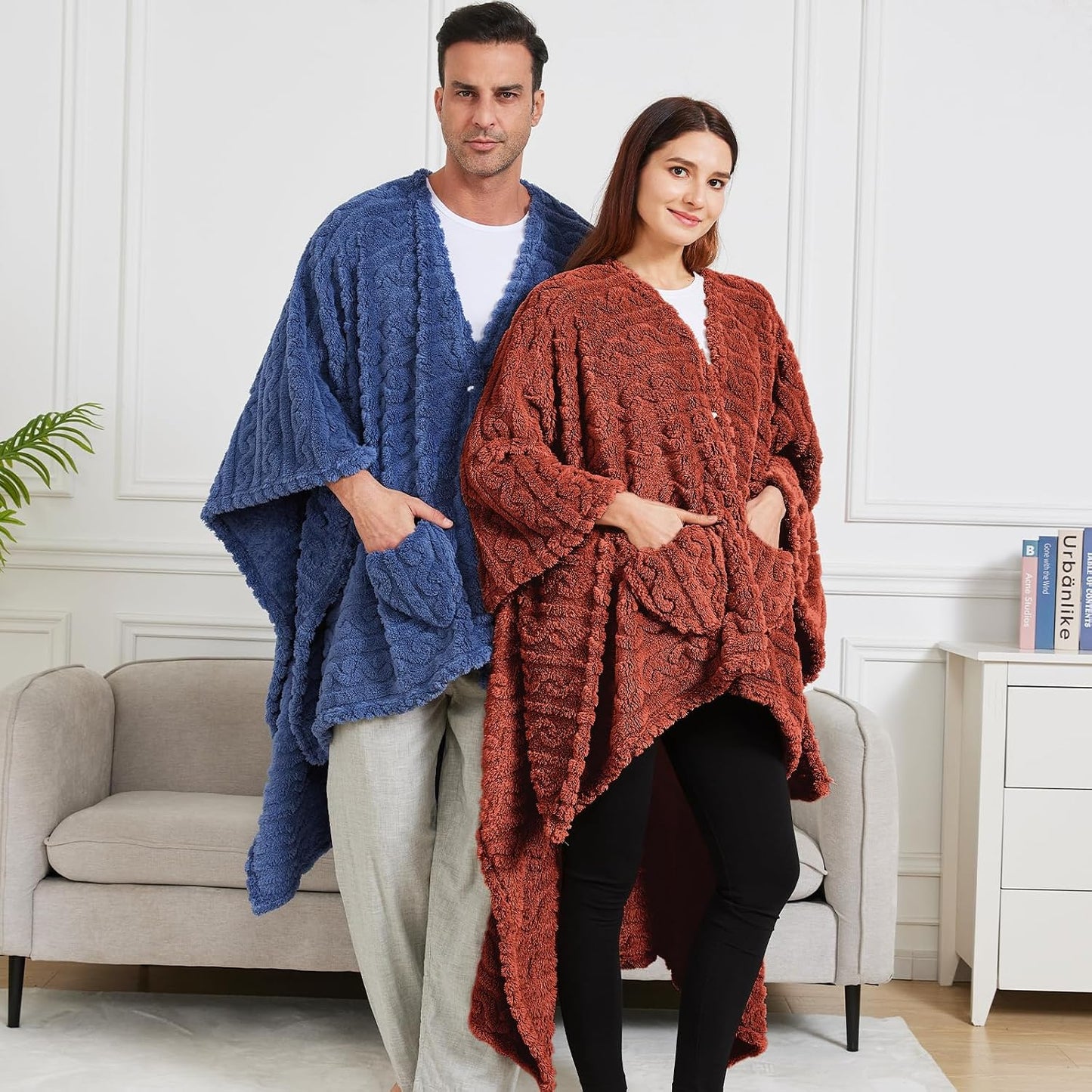 Wearable Blanket Poncho Cape Wrap for Adult, Cozy Sherpa Fleece Pocketed Shawl TV Throw Blankets for Office and Lounge(Purple,58'' x 64'')