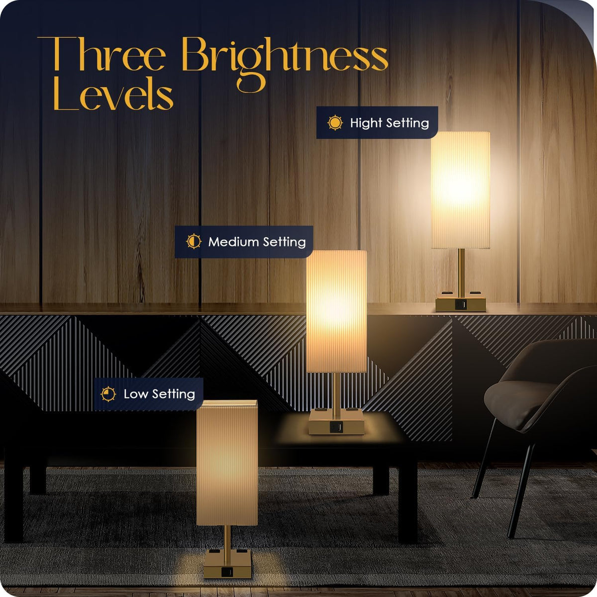 Bedside Table Lamp for Bedroom - Touch Small Lamp with USB C+A Charging Ports & AC Outlets, 3 Way Dimmable Nightstand Light for Living Room (LED Bulb Included, Grey)