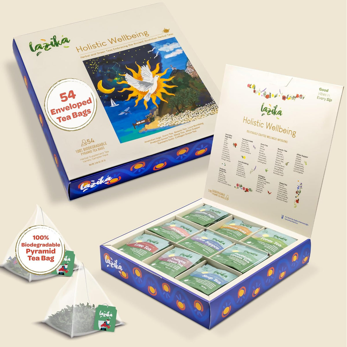 Lazika Herbal Tea Variety Pack with Lovely Presentation Box, Holistic Wellbeing Tea Assortment Gift Set, Premium Collection with Pyramid Infuser Bag, Handcrafted