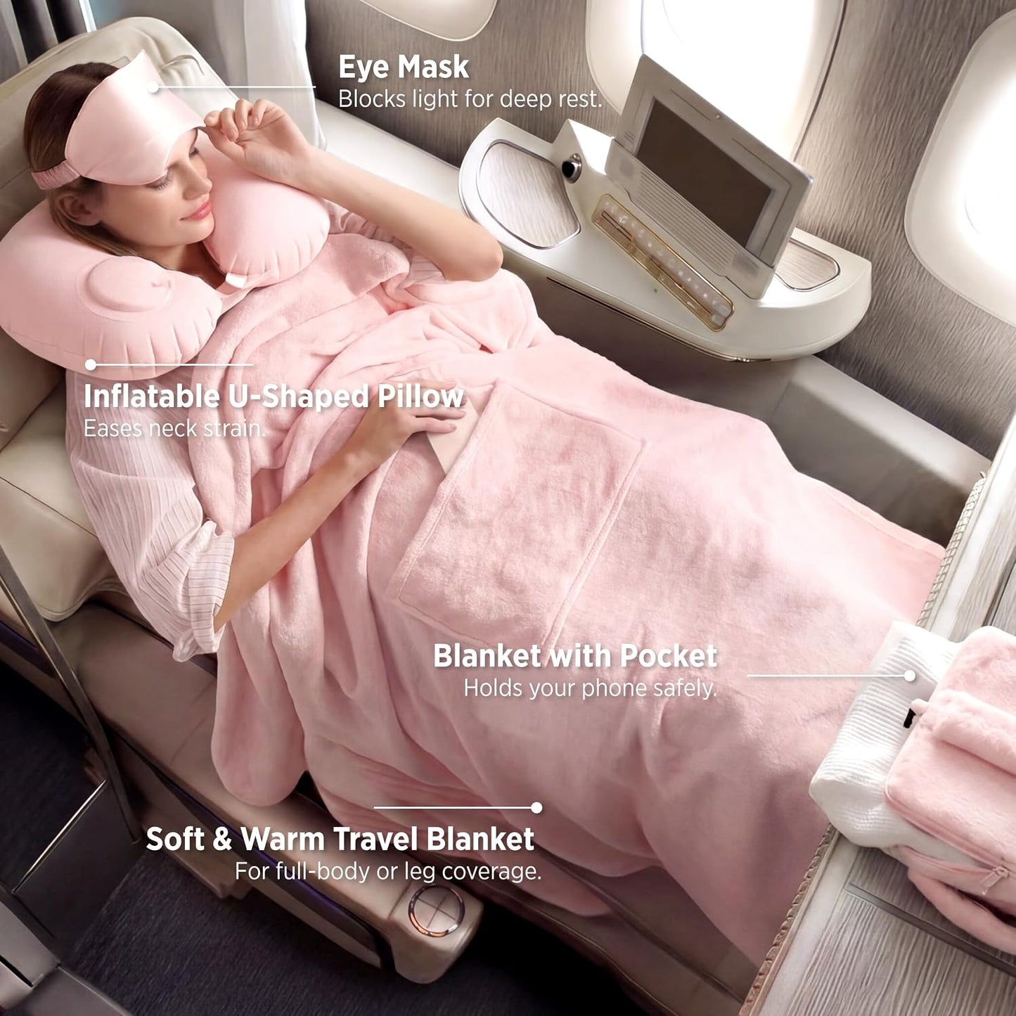 Bedsure Travel Blanket Set with Inflatable Neck Pillow and Eye Mask, Grey