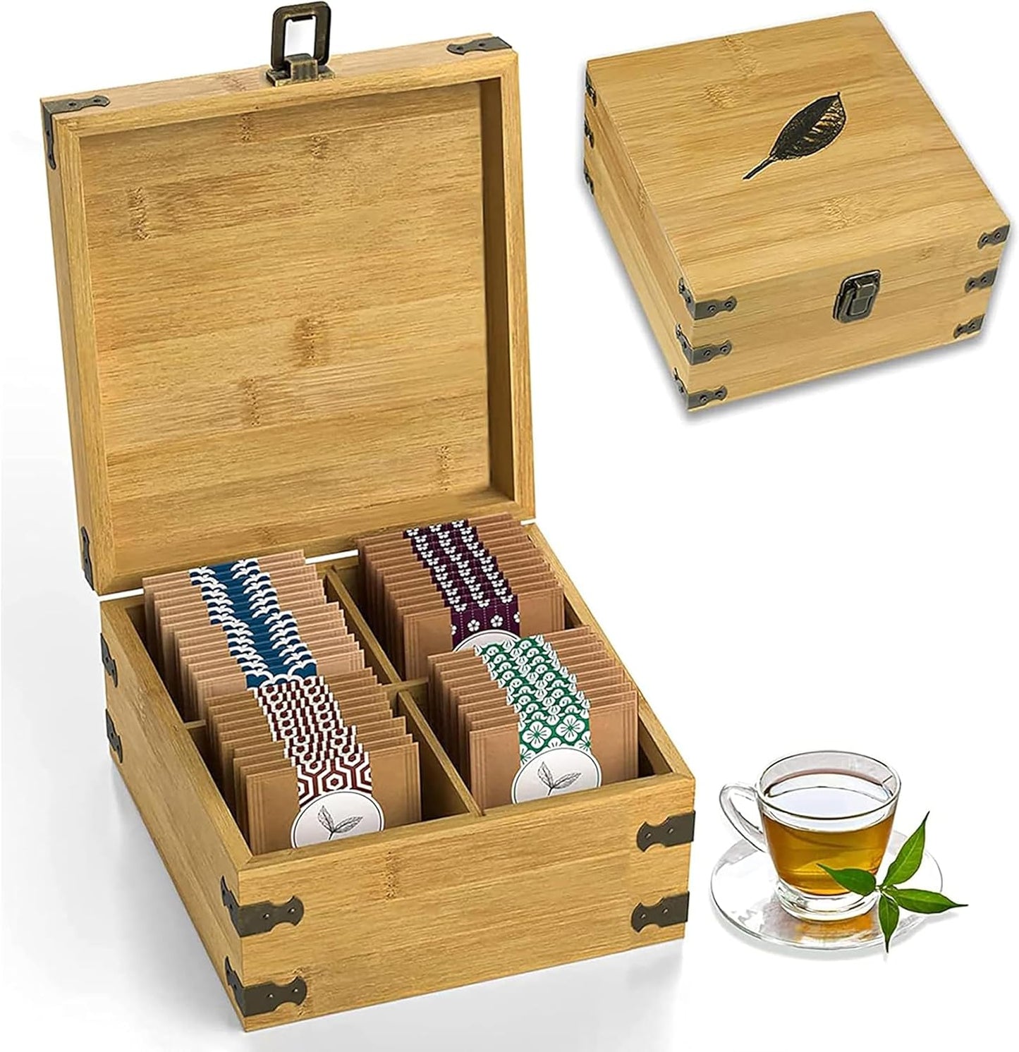 Tea Organizer Box Food Safe Chemical Free Bamboo Wood Storage Chest Big, Tall, Adjustable Cubbies (8-Slot 14.3" x 8.1" x 4.2" with TEA print design)