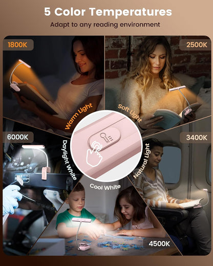 Glocusent 26 LED Rechargeable Book Light for Reading in Bed, Eye-Caring 5 Amber Colors and Stepless Dimming, Lasts 1 Week to a Months, Travel Clip on Lamp Gifts for Book Lovers, Men, Women & Kids