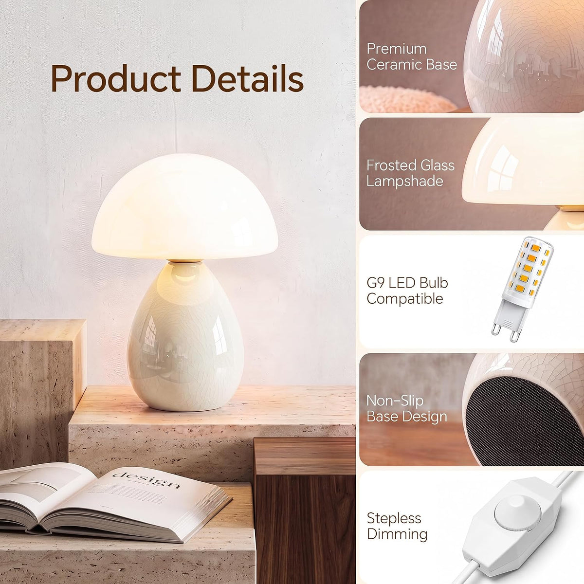 Dawnwake Mushroom Lamp Table Lamp for Bedroom-Small Desk Table Lamps,White