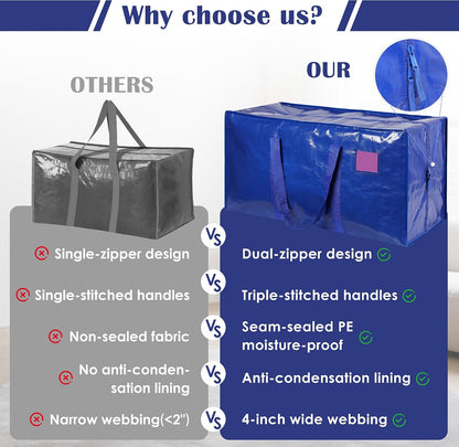 Moving Bags Heavy Duty 210GSM with Full-Open Side Zipper, 93L 220lbs Waterproof Foldable Storage Totes for College Dorm Move-In, Moving Boxes Alternative & Home Organization, Blue