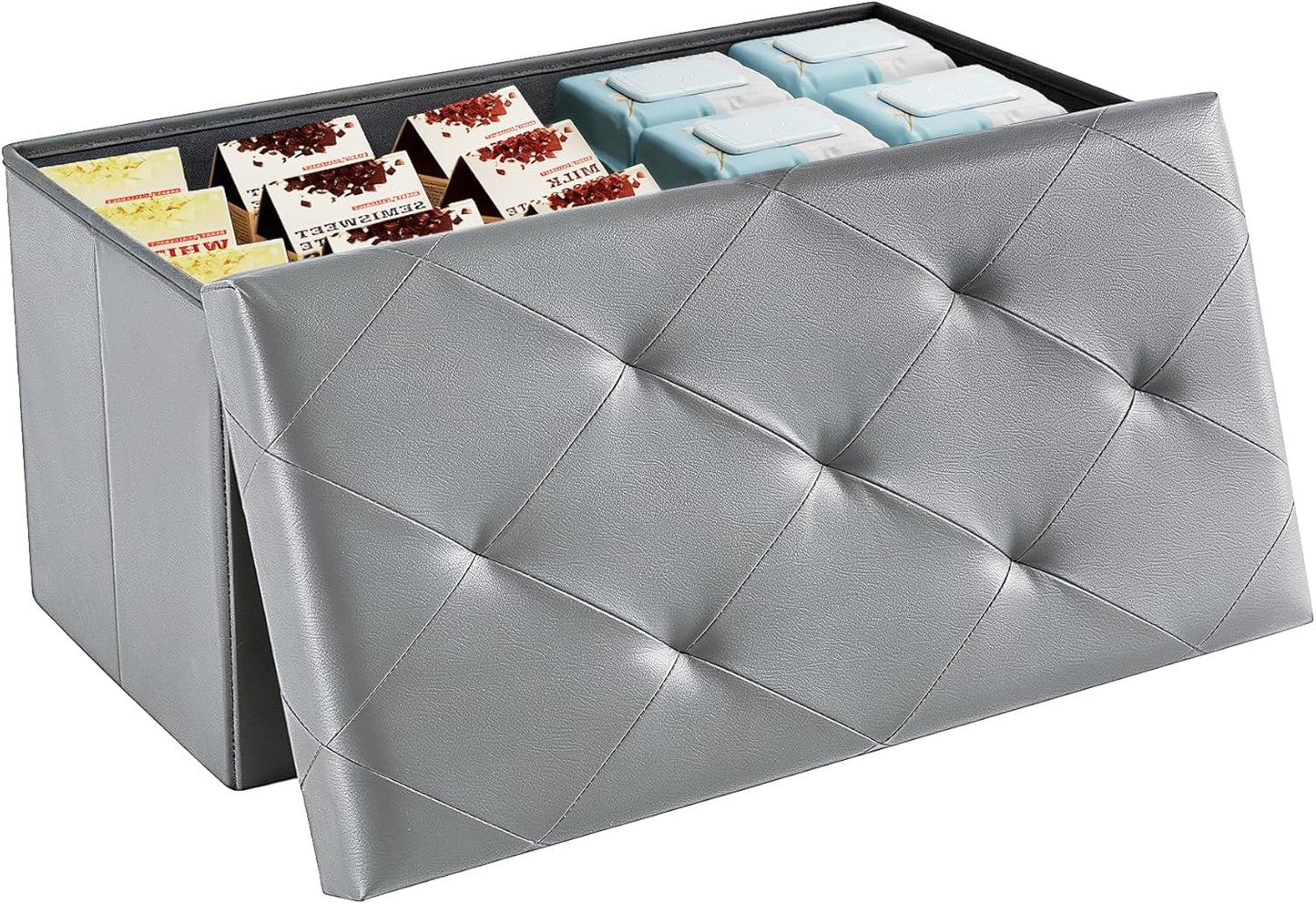 DUMOS 43 Inch Folding Storage Ottoman Bench, Large Hidden Storage Chest with Thicker Foam Padded Seat, End of Bed Foot Rest Stool for Bedroom Living Room Entryway, Load 660 lbs, Grey