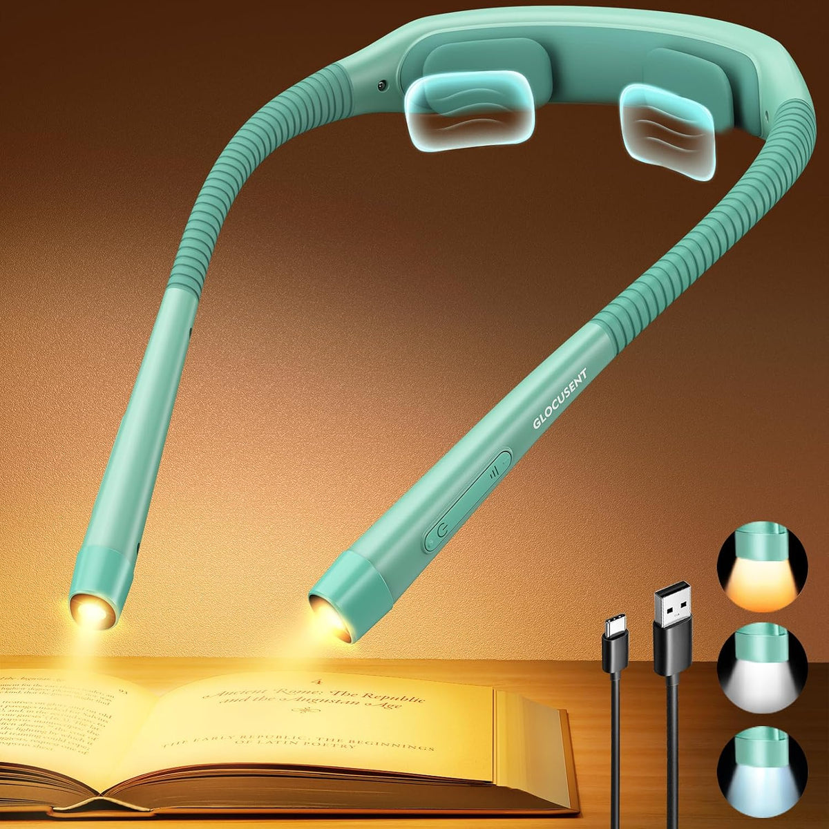 Glocusent Neck Light with Timer, 100 Hours Book Light for Bedtime Reading