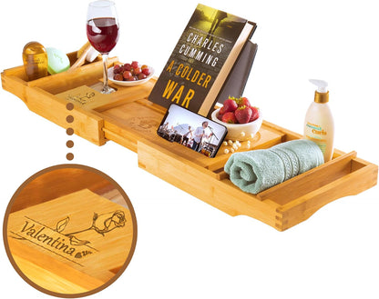 Bambüsi Bathtub Tray for Tub - Brown Bamboo Bath Tray, Expandable Wooden Bath Caddy Tray with Wine Holder, Book and Tablet Stand, Bathroom Accessories, Tub Table, Spa Bath Gifts for Women and Couples
