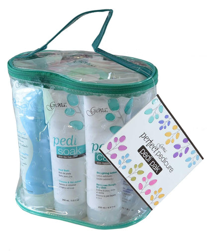 Gena Pedi Pak Intro Kit - 7-Piece Pedicure Kit Foot Spa with Foot Scrub, Soak & Pumice Stone in A Tote, At-Home Pedicure Set