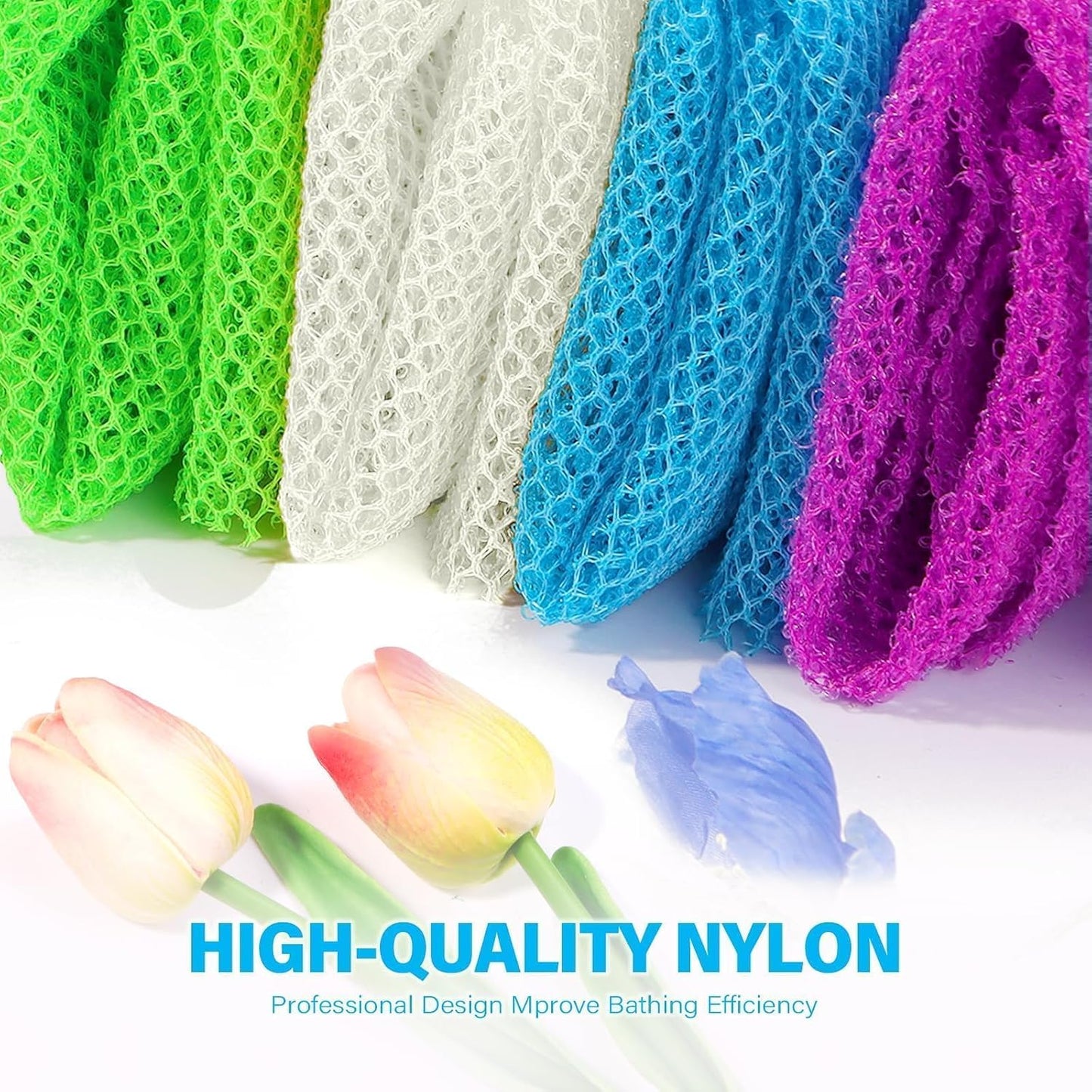UJFQBH 3 Pieces African Bath Sponge African Net Long Net Bath Sponge Exfoliating Shower Body Scrubber Back Scrubber Skin Smoother,Great for Daily Use (Pink,Yellow,Purple)