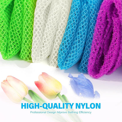 UJFQBH 3 Pieces African Bath Sponge African Net Long Net Bath Sponge Exfoliating Shower Body Scrubber Back Scrubber Skin Smoother,Great for Daily Use (Pink,Yellow,Purple)