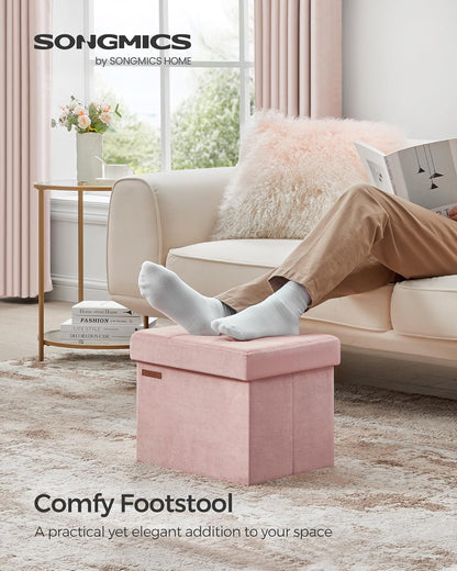 SONGMICS Small Folding Storage Ottoman, Foot Rest Stool, Cube Footrest, Synthetic Leather, 12.2 x 16.1 x 12.2 Inches, 286 lb Capacity, for Living Room, Bedroom, Dorm, Ink Black ULSF100B01