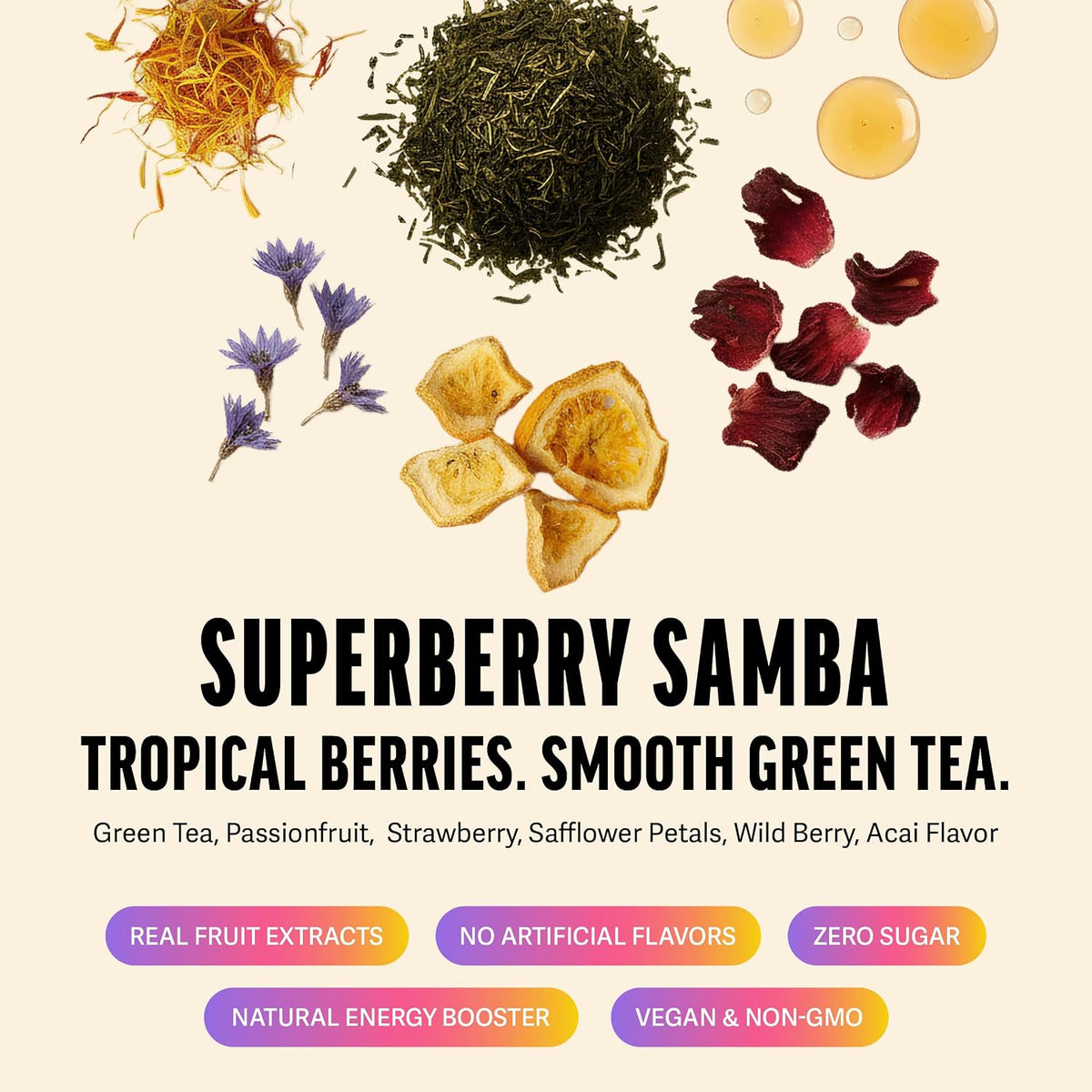 Zest Energy Green Tea - Superberry Samba - High Caffeine Strawberry, Acai, & Passion Fruit Tea - Caffeinated Coffee Alternative with Antioxidants - Natural, Non-GMO & Keto - 20Ct Pack - 135mg Caf