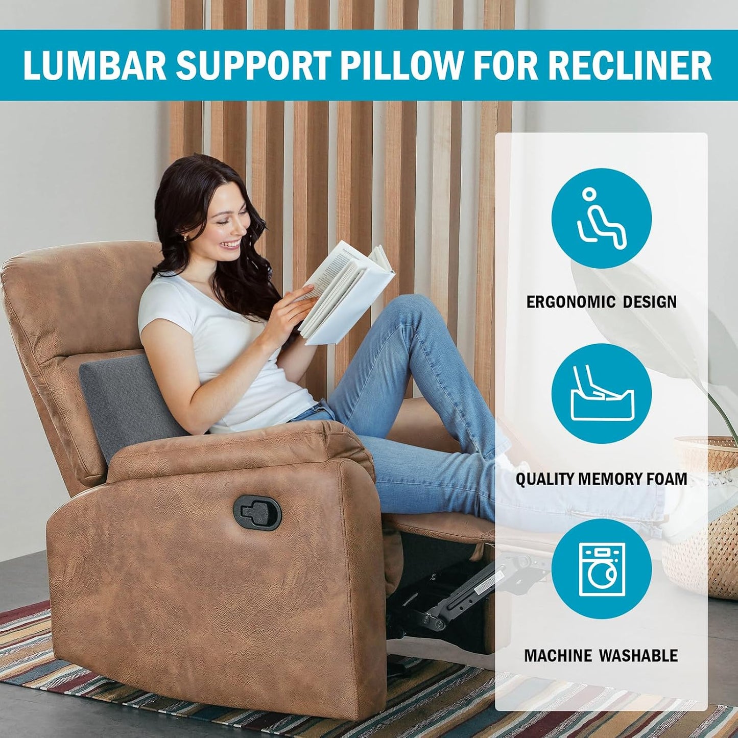 HOMBYS Lumbar Support Pillow for Recliner Chair, Memory Foam Back Support Cushion for Elderly,Extra Large Lumbar Support Pillow,Thick Backrest for Home Reading (Grey, 20“x13.5"x5")