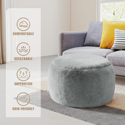 Round Stuffed Pouf Ottoman Foot Rest, Faux Fur Poufs with Memory Foam Filling, Ottomans for Living Room, Nursery, Dorm, Soft Foot Stool Ottoman for Couch, Perfect for Resting Your Feet (Grey, 20 Inch)