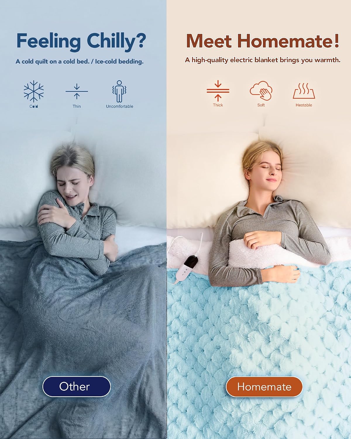 Homemate Electric Heated Blanket Twin - 62"x84" Heating Bed Blankets Throw with 10 Heating Levels 8 Hours Auto Off Fast Heating Over-Heated Protection Ultra Soft Warm Flannel ETL Certified Grey - Colors B