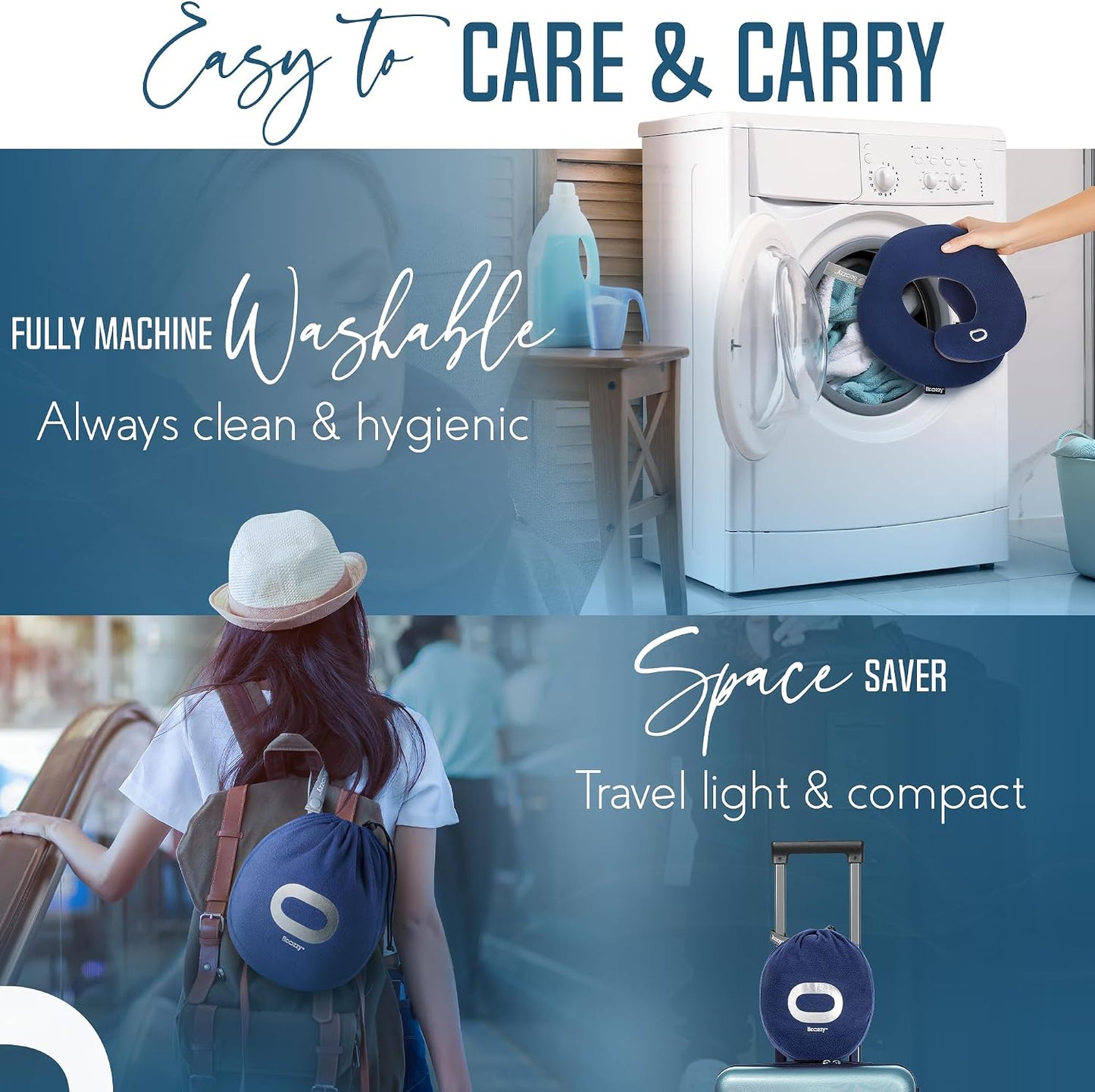 BCOZZY Travel Neck Pillow for Airplane– Patented Double Support for Head, Neck, and Chin. Best for Long Flights, Plane Sleeping, and Car Rides. Adjustable Size. Fully Washable. Carry Bag. Large, Black