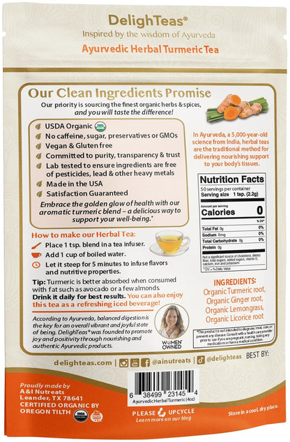 DelighTeas Organic Turmeric Ginger Tea | Ayurvedic Loose Leaf Herbal Turmeric Tea for Mobility, Immune & Digestive Support | Non-GMO, Caffeine Free, Unsweetened | 50 Servings, 4oz.