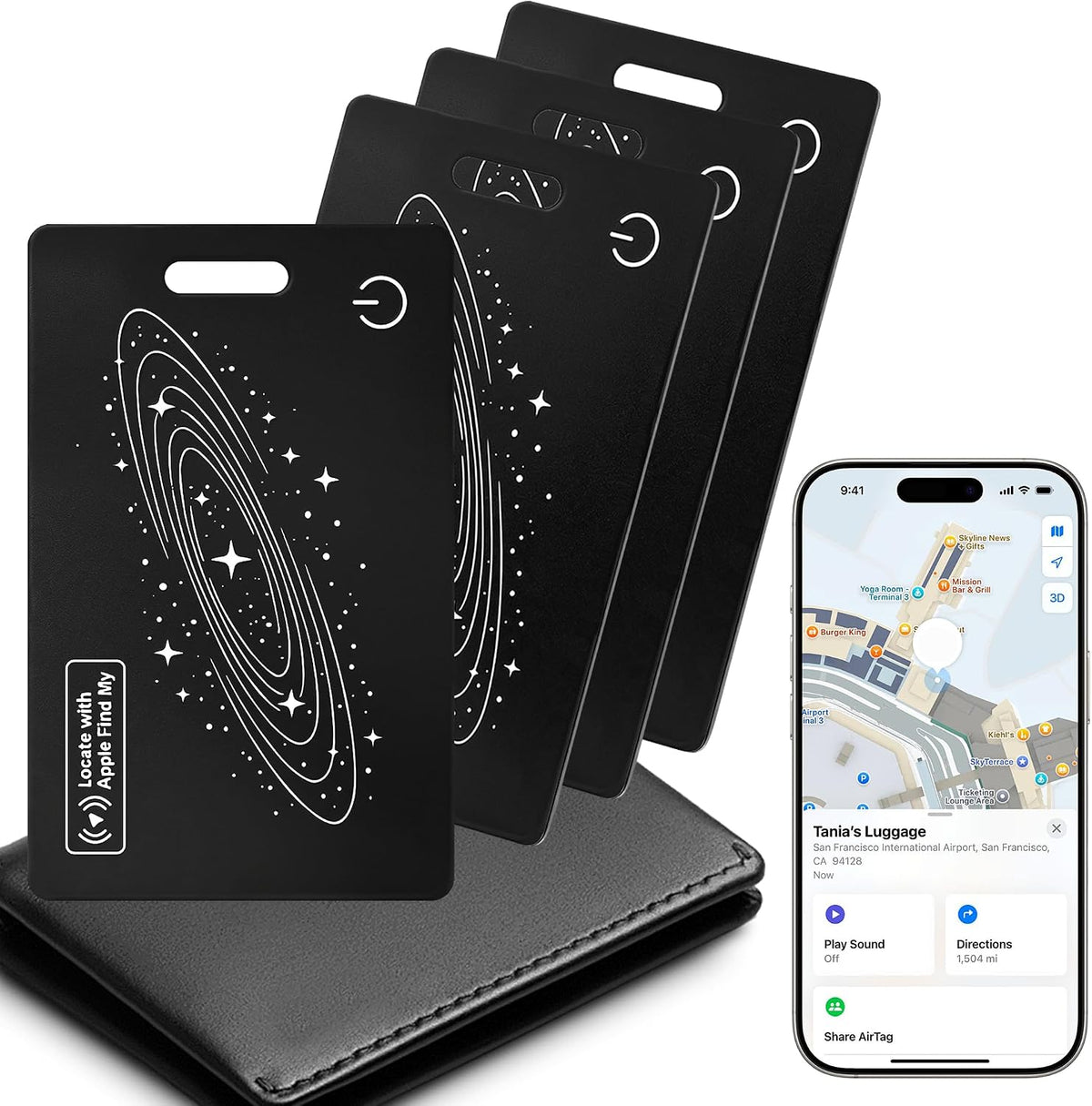 Smart Wallet Tracker Card (iOS Only) - Item Finder for Luggage, Keys & Passport 、Compatible with Apple Find My、Slim, Rechargeable & IP68 Waterproof (4 Black)