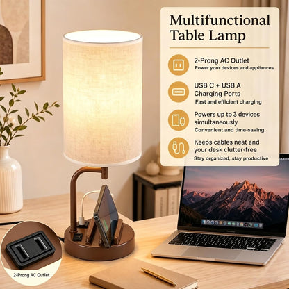 Dreamholder Touch Control USB Table Lamp with USB C/A & AC Outlet, 3-Way Dimmable Bedside Lamp, Modern Nightstand Lamps for Bedroom Living Room Guest Room Office, Bulb Included, Gold