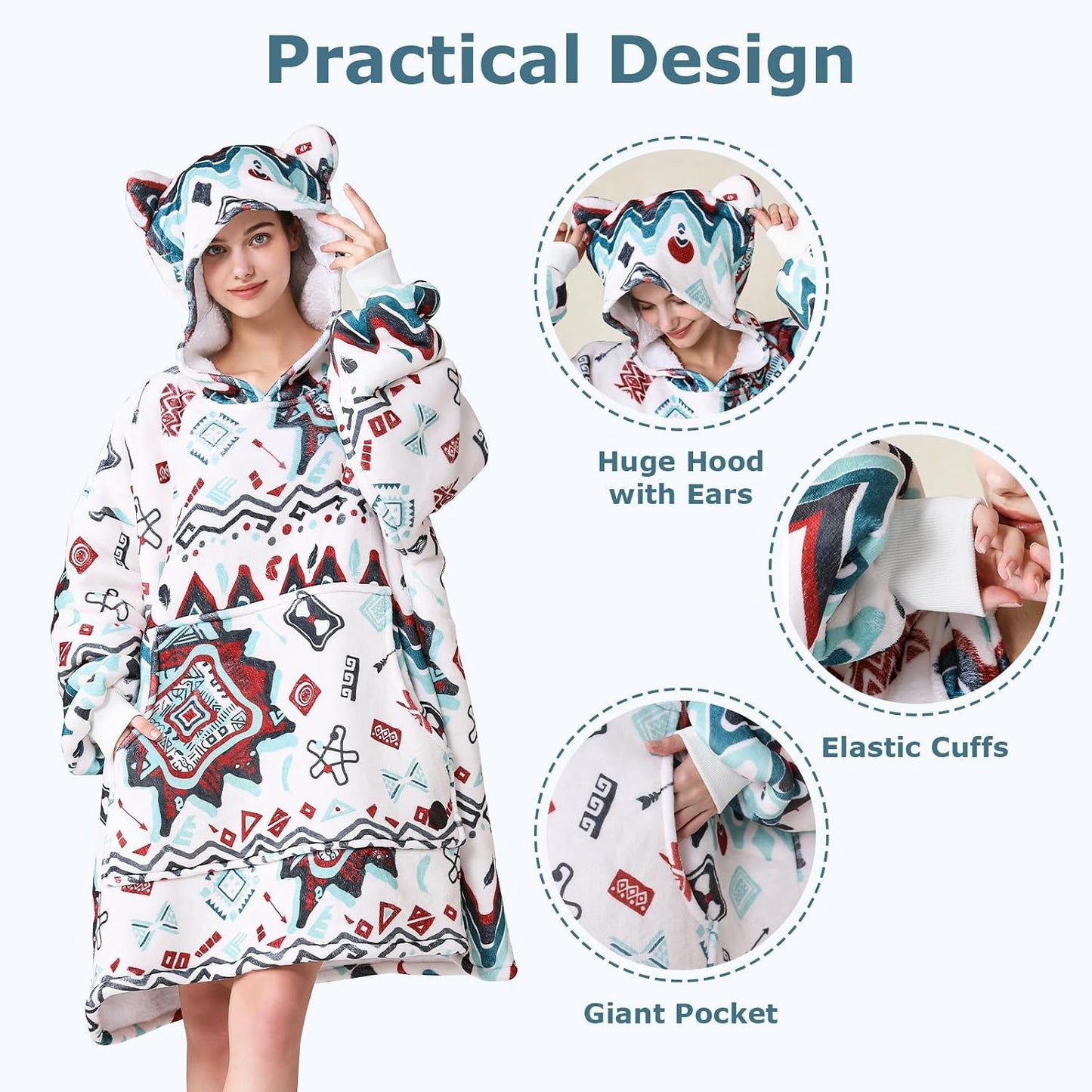 THREE POODLE Wearable Blanket Hoodie for Women, Oversized Sherpa Sweatshirt Blanket for Adults Men, Cozy Hooded Blankets, Gifts for Teen Girls Women Mom Sister