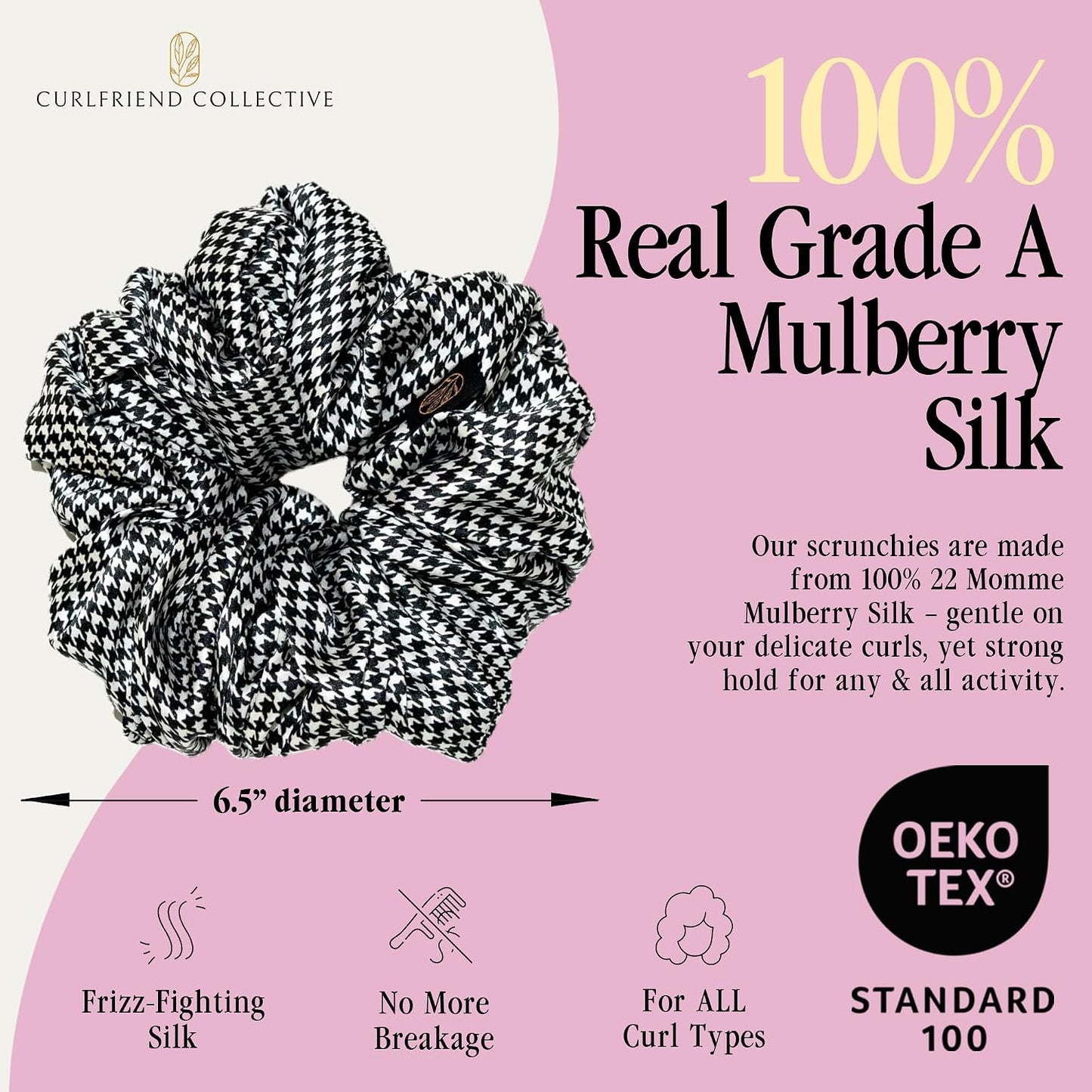 Silk Scrunchies for Women Ponytail Holders – Oversized Mulberry Silk Scrunchies – Extra Large No Damage Hair Ties for Curly, Thick, and Thin - Hair Accessories for Women – Black, XL By Curlfriend