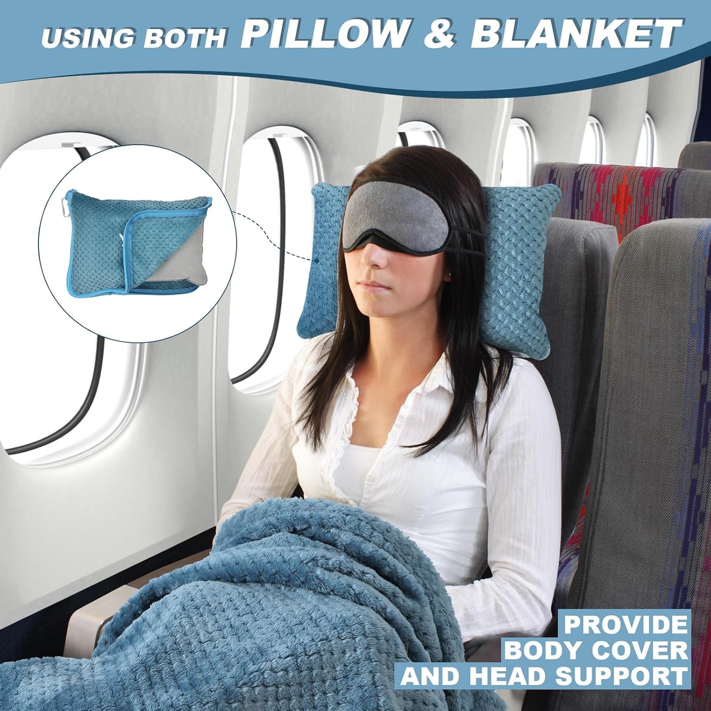 Travel Blanket Airplane Compact with Bag, Travel Essentials 3 in 1 Packable Airplane Blanket, Travel Pillow and Blanket Set, Inflatable Pillow, Luggage Sleeve & Backpack Clip (Light Grey)