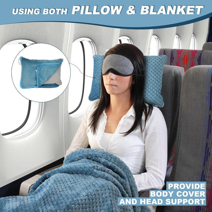 Travel Blanket Airplane Compact with Bag, Travel Essentials 3 in 1 Packable Airplane Blanket, Travel Pillow and Blanket Set, Inflatable Pillow, Luggage Sleeve & Backpack Clip (Light Grey)