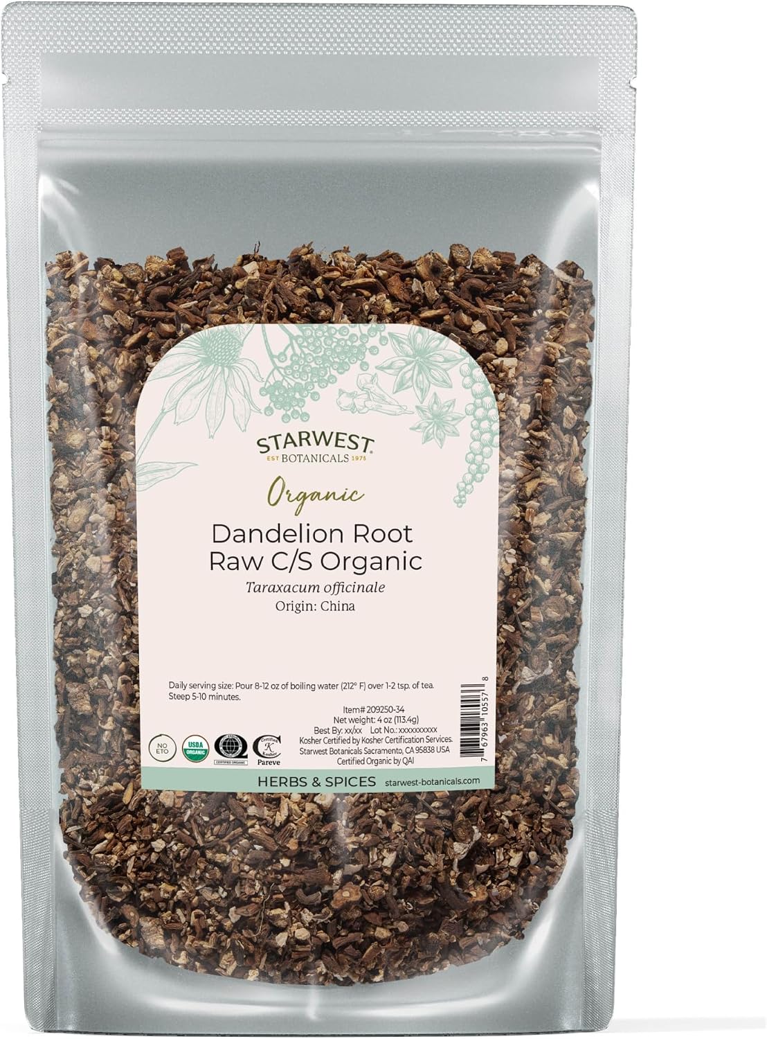 Starwest Botanicals Organic Raw Dandelion Root, Cut & Sifted - 4 oz Pouch