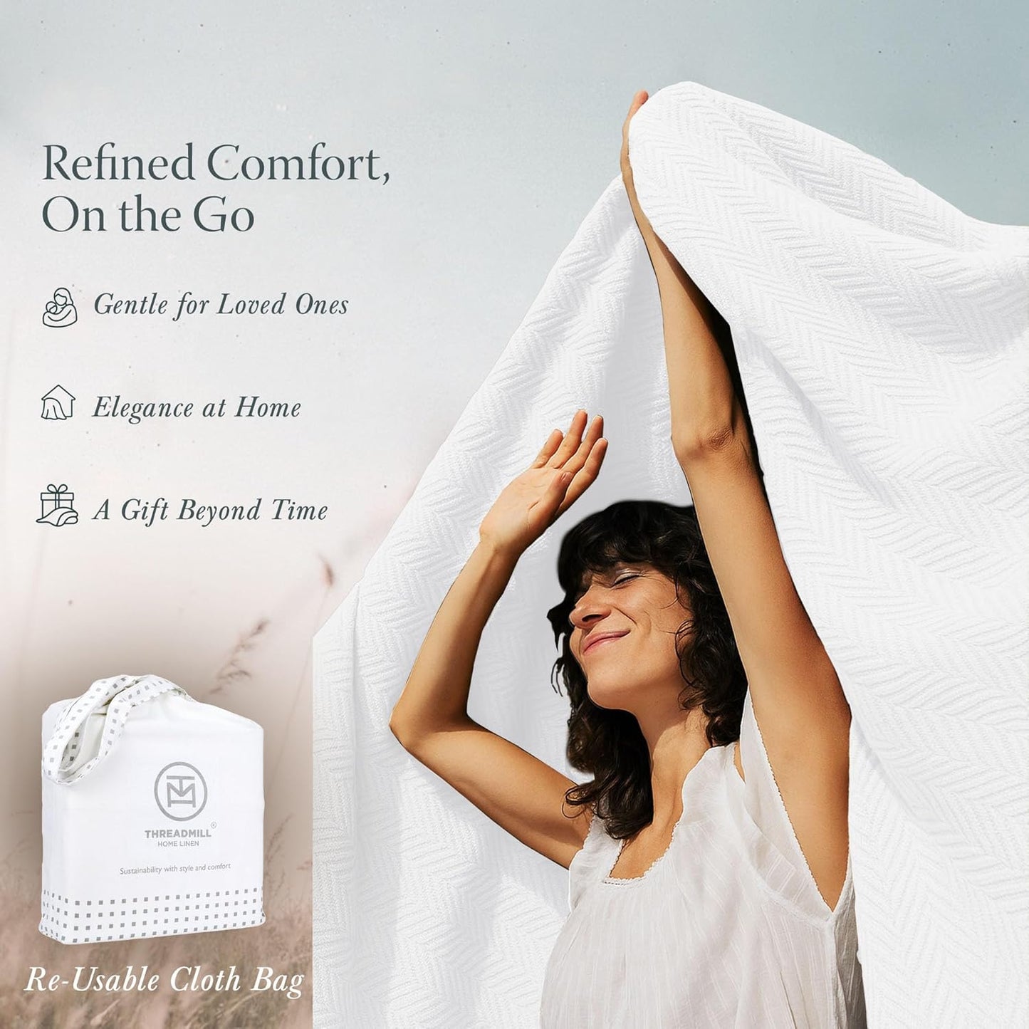 Threadmill Travel Blanket Cotton Viscose from Bamboo - Airplane Premium Soft Flight Grey Throw Blanket in Cloth Bag (Grey Color) Compact & Portable Blanket for Travel, Car, Picnic & Camping