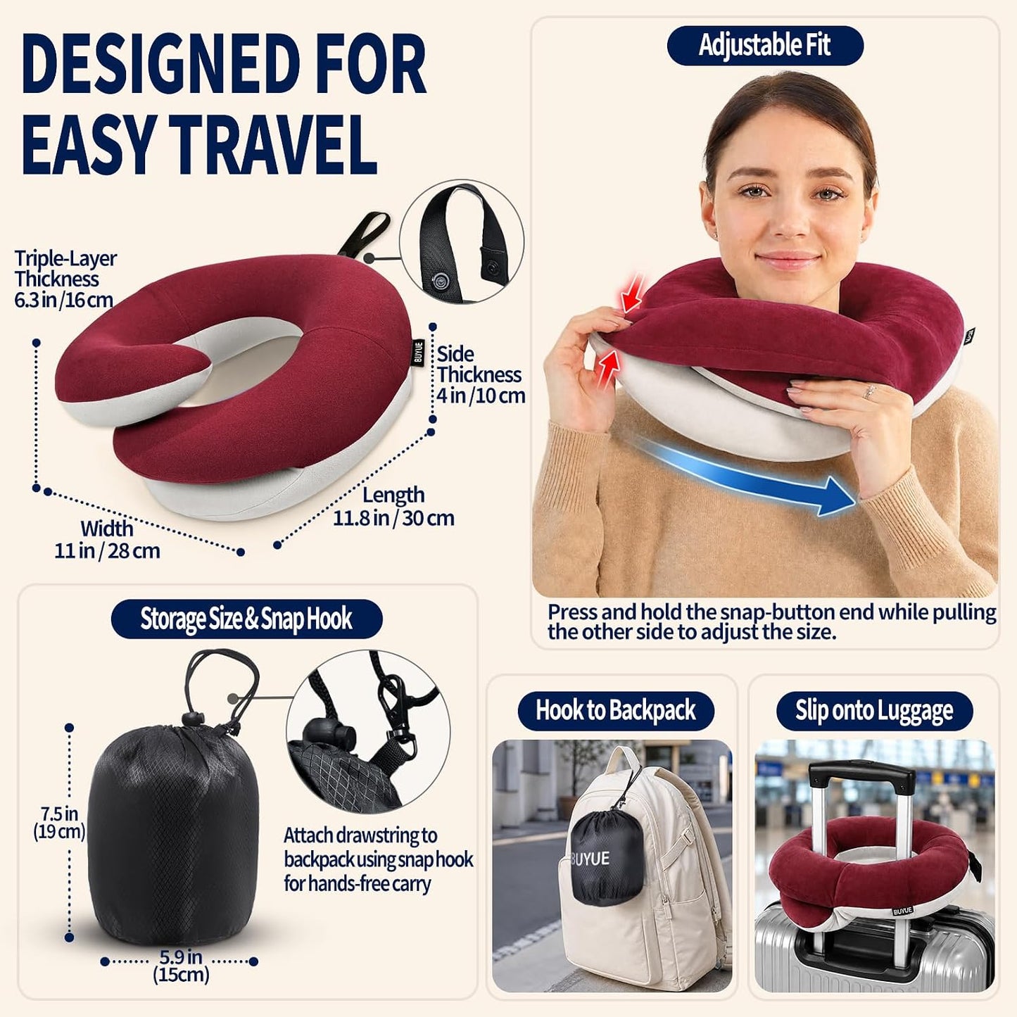 BUYUE Travel Neck Pillows for Airplanes, Memory Foam 360° Head Support Sleep for Long Flight, Skin-Friendly & Breathable, Kit with Eye Mask, Earplugs and Storage Bag (Adult, Grey, 90+ lbs)