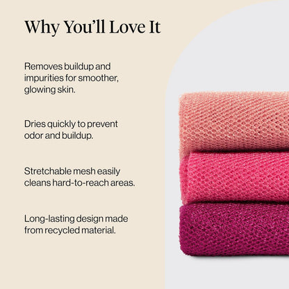 Kitsch African Net Sponge – Exfoliating Body Scrubber for Cleansing & Gentle Daily Exfoliation – Stretchable Bath Sponge for Hard-to-Reach Areas, Long-Lasting Shower Essential - Aqua Grey, 3 Pcs