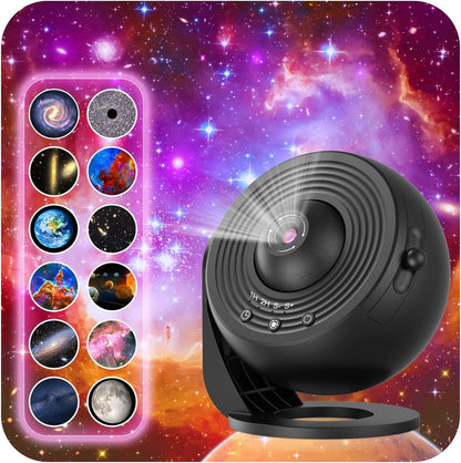 Galaxy Projector for Bedroom, HD Image Star Projector Galaxy Light Adjustable Knob, 13 Film Discs Planetarium Projector for Kids, 360° Rotating 1/2h Timer Simple 3-Button Control Black&White