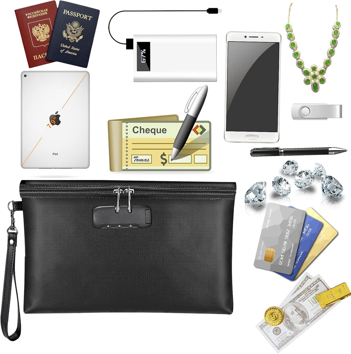 Fireproof Document Bag with Lock,Waterproof Money Pouch,14.3"x10.2"