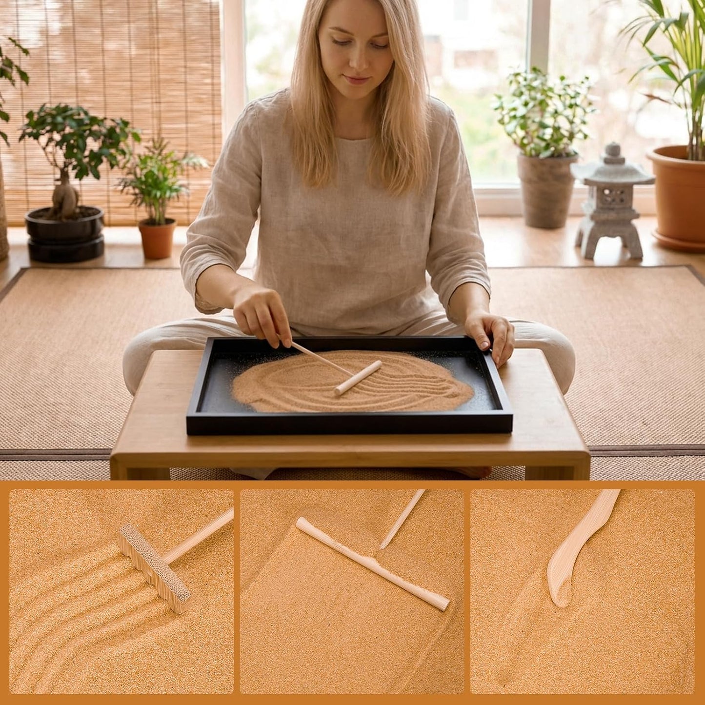 Desert Zen Garden Kit for Desk,12.6x8.6in Premium Sand Tray with 4 Artificial Features, Brown Sands, 3 Wood Tools，Mini Southwestern Desert Decor Zen Sand Garden Set for Home, Office Desk