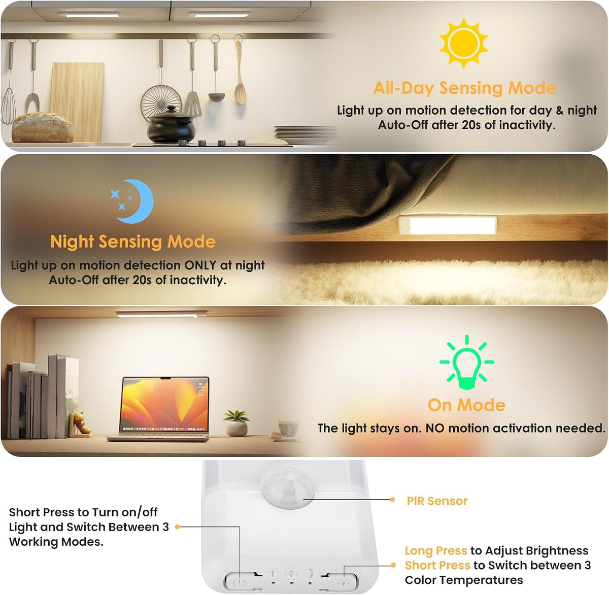 5-Pack Motion Sensor Under Cabinet Light, 3CCT, 7.9 inch