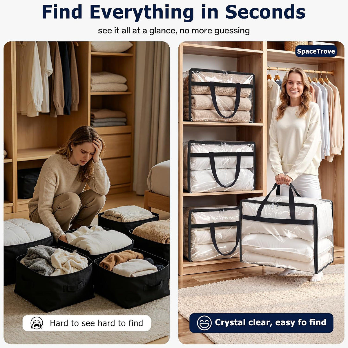 SpaceTrove Clear Storage Bags, 4-Pack Under Bed and Closet Organizers 40L