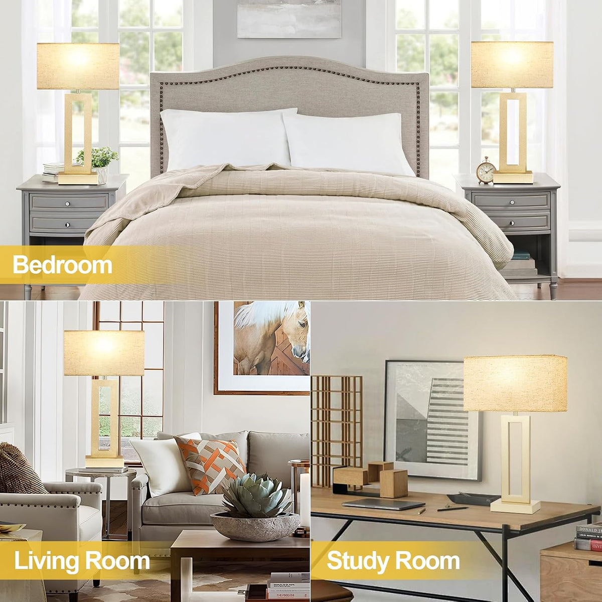 Gold Table Lamps Set of 2, 16.4" Bedside Lamps for Nightstand with USB C+A