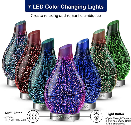 MAXWINER Essential Oil Diffusers Ultrasonic 3D Glass Aromatherapy Diffuser, Auto Shut-Off, Timer Setting, 7 Colors LED Lights Changing for Home, Office, Spa 120ml