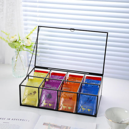 REDHUGO Glass Tea Bag Organizer, 8-Compartment Tea Storage Box, Gold