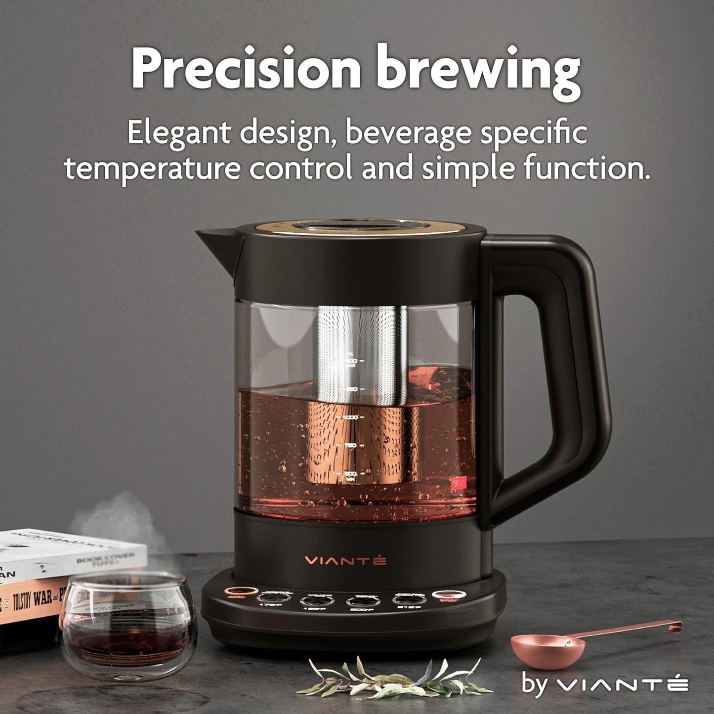 Viante Alba Electric Tea Kettle with Infuser, No Plastic In Contact With Water, 1.5L Borosilicate Glass, 304 Stainless Steel, 4 Temperature Presets, Keep Warm, Cordless, Auto Shut-Off