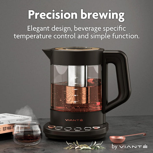 Viante Alba Electric Tea Kettle with Infuser, No Plastic In Contact With Water, 1.5L Borosilicate Glass, 304 Stainless Steel, 4 Temperature Presets, Keep Warm, Cordless, Auto Shut-Off