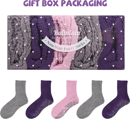 Bulinlulu Fuzzy Socks With Grips for Women, 5 Pairs Non Slip Sleep Warm Fluffy Slipper Socks Gifts for Women