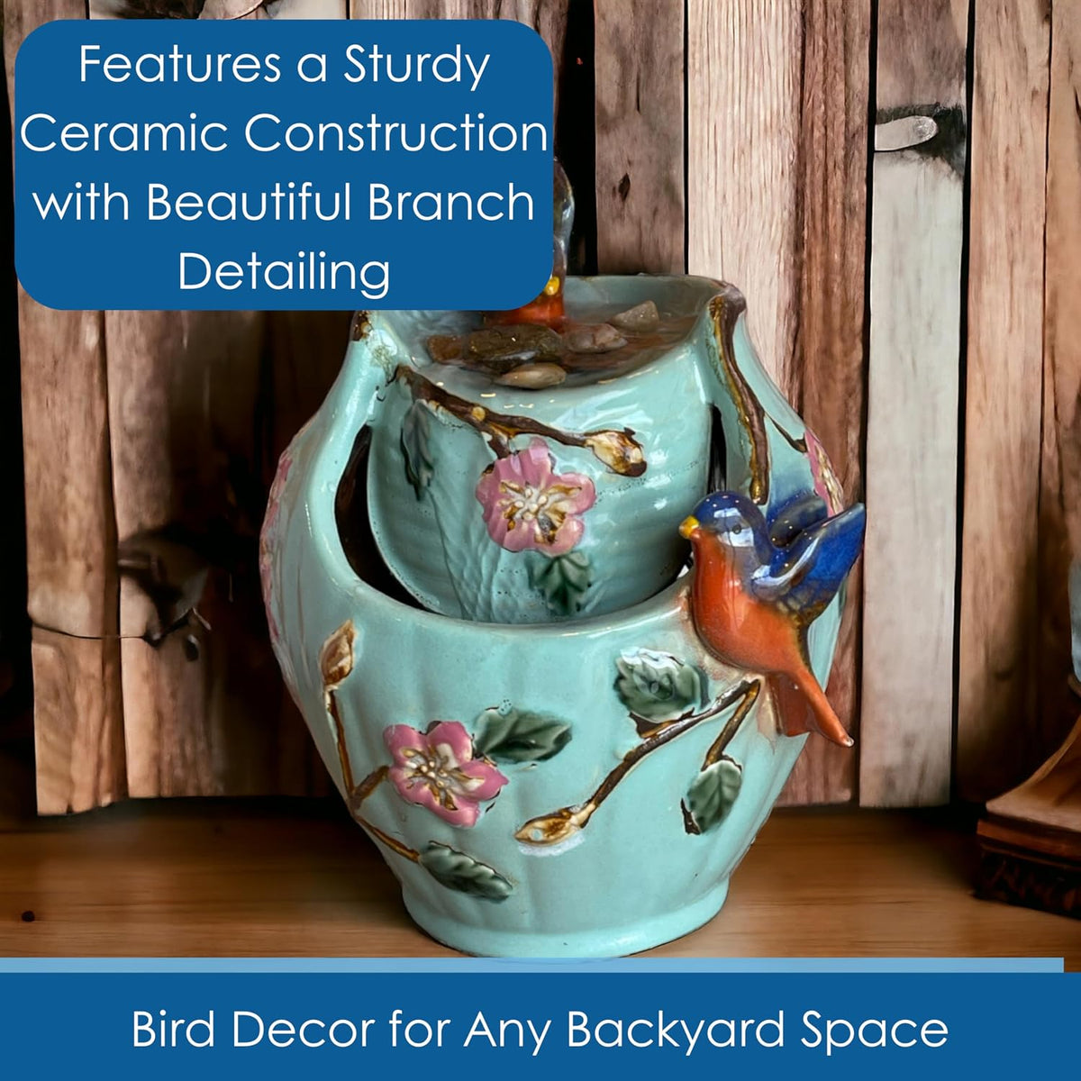 Bluebird Ceramic Tabletop Water Fountain, Indoor Relaxation, 7 Inch