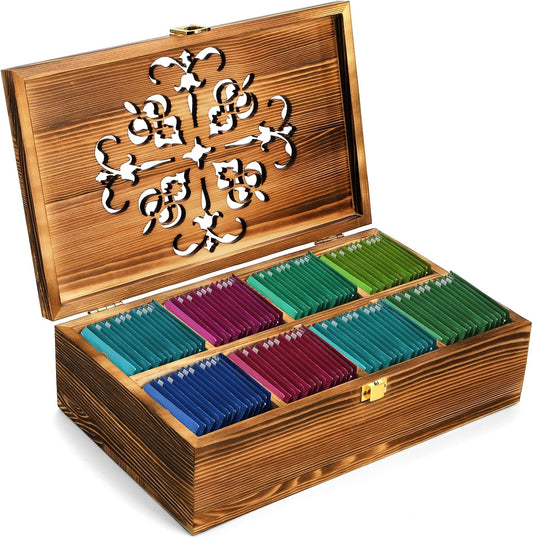 Coloch Wooden Tea Bag Storage Box with Carved Lid, 8-Compartment Tea Chest Organizer Spice Packets Container for Living Room, Kitchen, Office, Home Decor