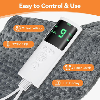 Heating Pad for Back Pain, Electric Heat Pad with 9 Heat Levels & 4 Auto-Off Timers, Portable Heating Pad for Period Cramps, Shoulder, Neck, Machine Washable, Gifts for Women and Men, Grey, 24''×12''
